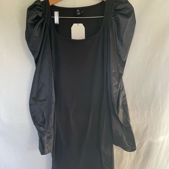 Puff satin long sleeve mini bodycon dress black - Picture 10 of 11